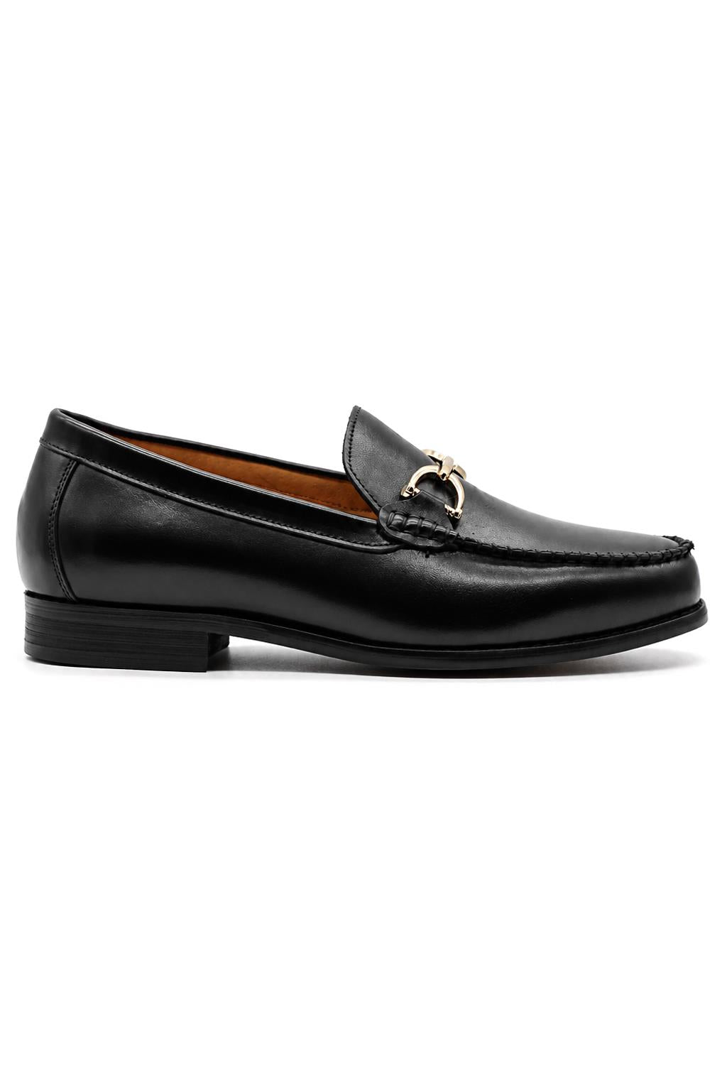ARLO Men’s Black Polished Leather Gold Buckle Dress Loafers Sartorial Shoes