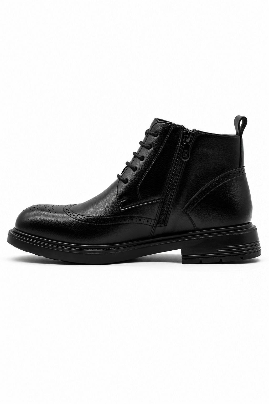 Men's Black Faux Leather Wingtip Brogue Boots Sartorial Shoes