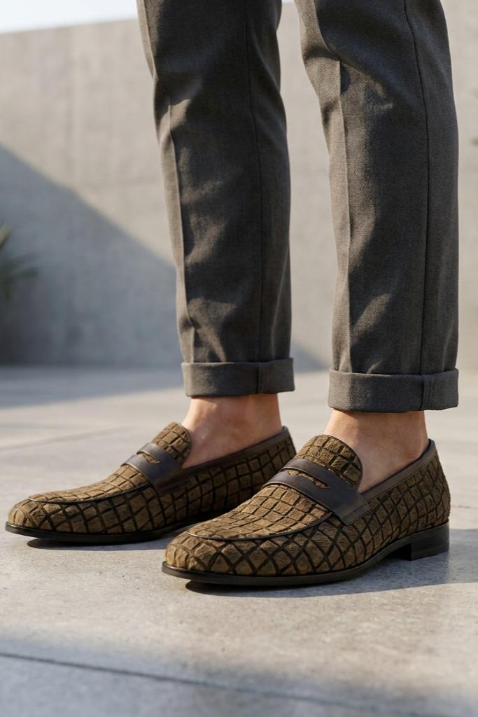 GINO Men’s Brown Patterned Horse Hair Leather Penny Loafers Sartorial Shoes