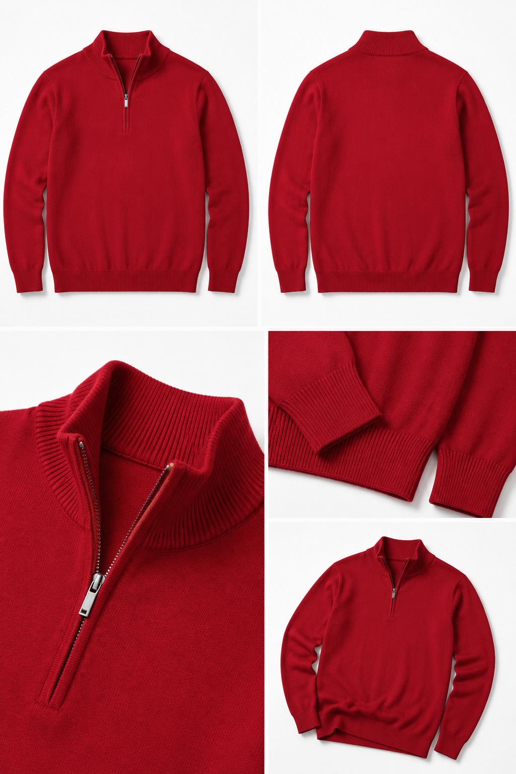 Men's Red 100% Cotton Fine Knit Quarter Zip Funnel Neck Jumper CAVANI