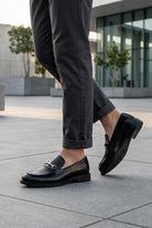 ASCOT Men’s Black Snake-Effect Leather Snaffle Loafers Sartorial Shoes