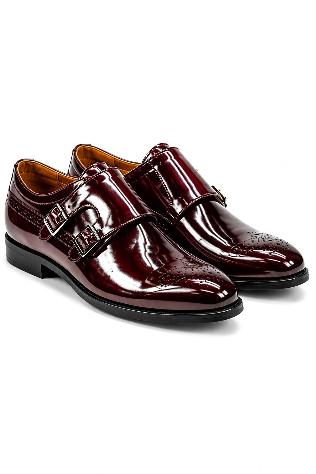 ROAN Men’s Maroon Glossy Patent Leather Monk Strap Dress Shoes Sartorial Shoes