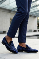 FRED Men’s Navy Blue Embroidered Velvet Party Loafers Sartorial Shoes