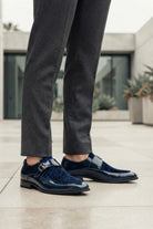Men's Navy Floral Velvet Monk Strap Dress Shoes Sartorial Shoes