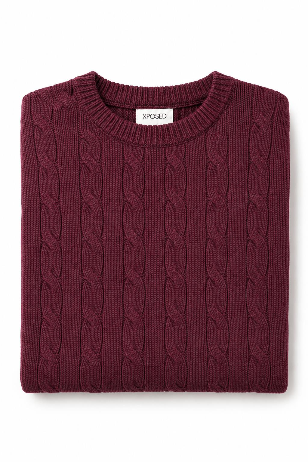 Men's Maroon 100% Cotton Fine Cable Knit Crew Neck Jumper CAVANI