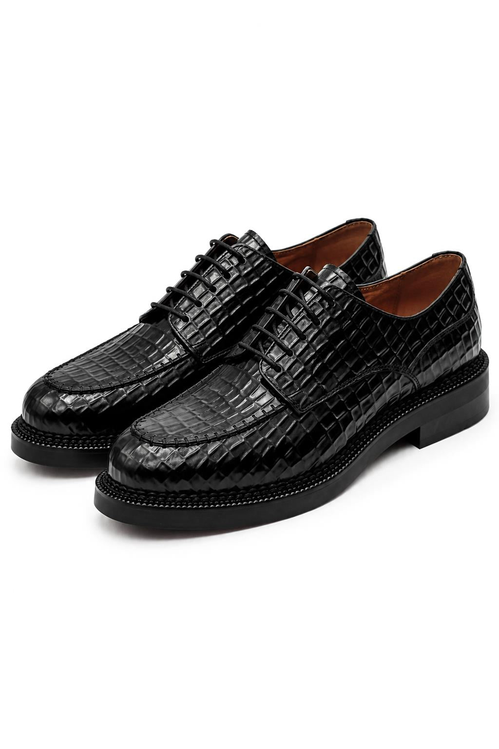 MARLOW Men’s Black Croc-Embossed Leather Moc-Toe Derby Shoes Sartorial Shoes