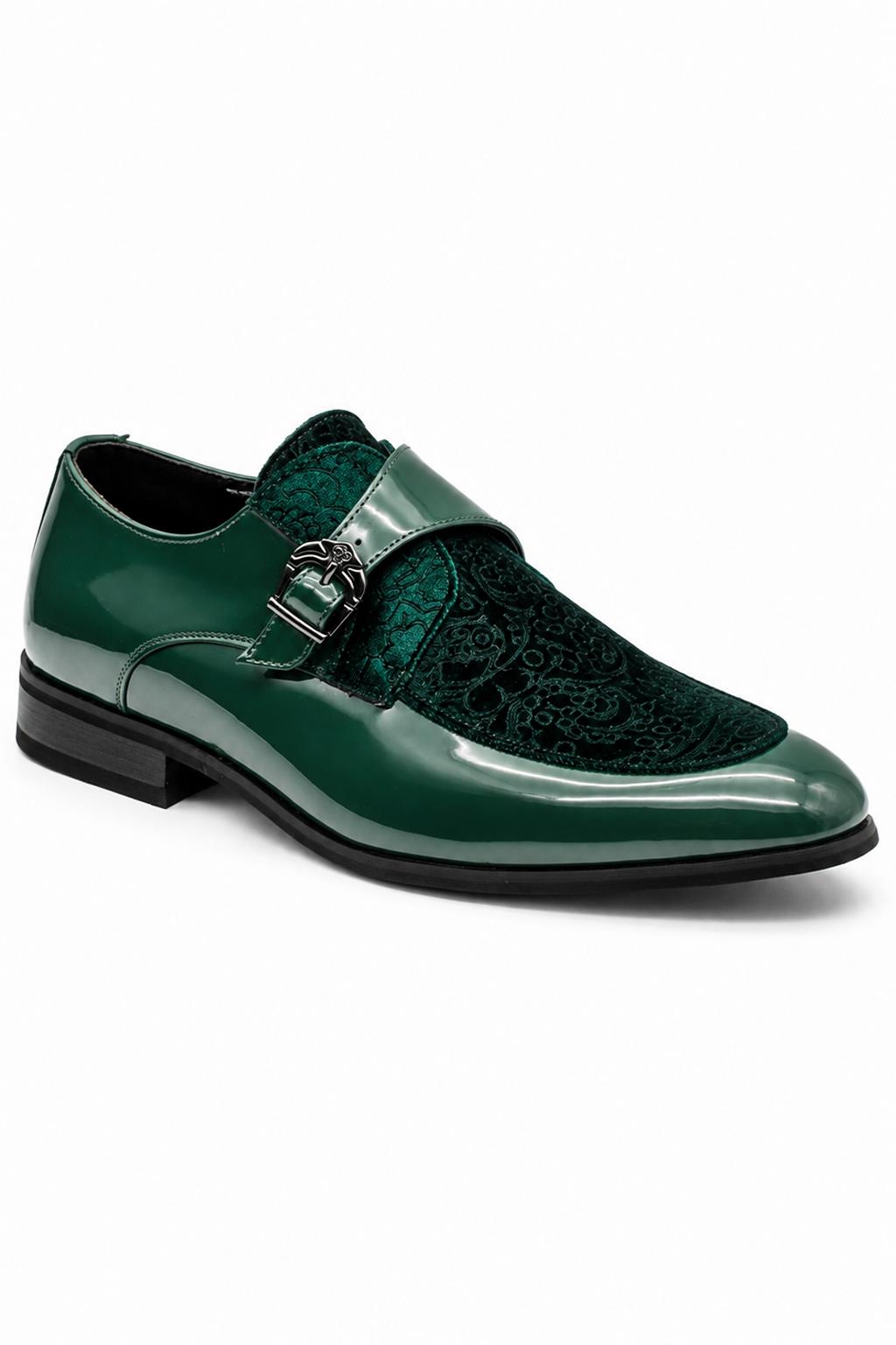 Men's Green Floral Velvet Monk Strap Dress Shoes