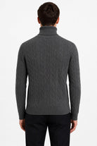 Men's Charcoal Grey 100% Cotton Fine Cable Knit Roll Neck Jumper CAVANI