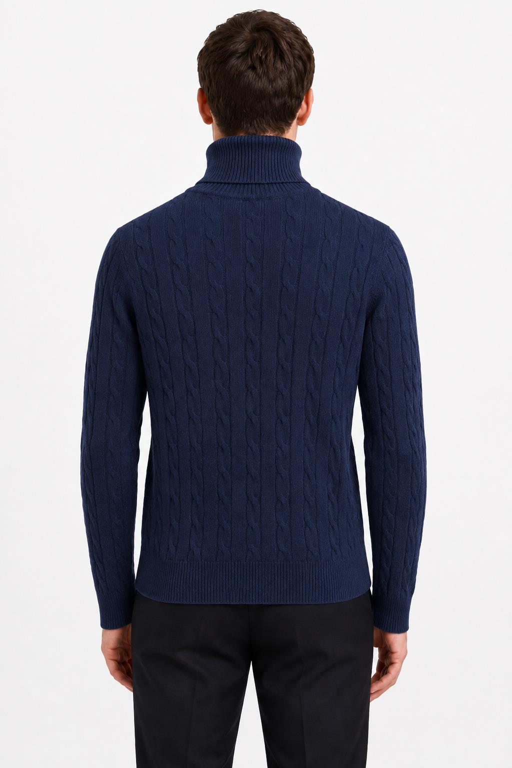 Men's Navy 100% Cotton Fine Cable Knit Roll Neck Jumper CAVANI
