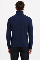 Men's Navy 100% Cotton Fine Cable Knit Roll Neck Jumper CAVANI