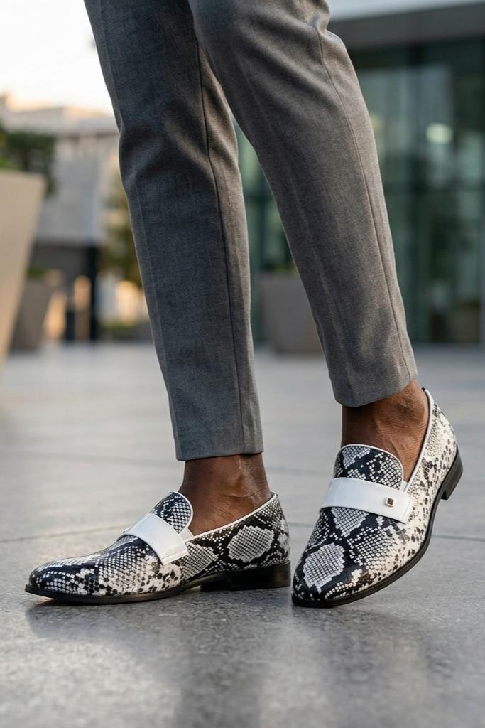 Men’s Black & White Shiny Patent Print Occasion Shoes Sartorial Shoes