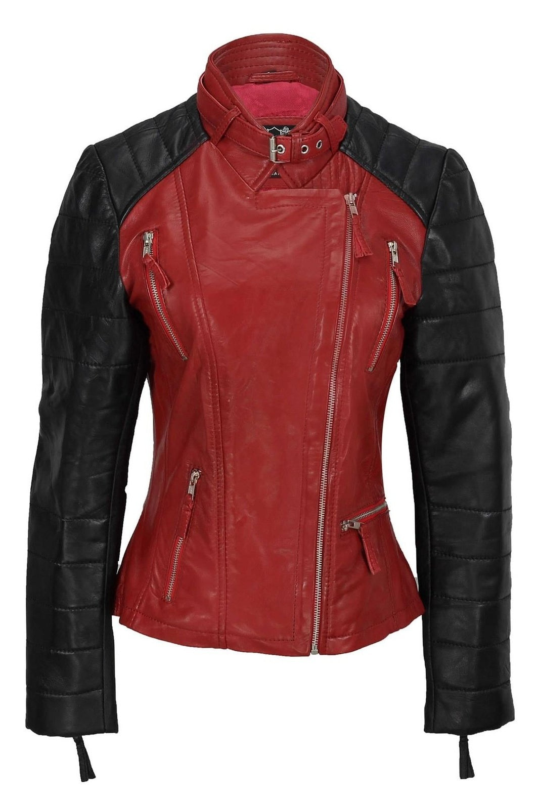 New Ladies Black Red Vintage Soft Genuine Real Leather Biker Jacket Size Fitted