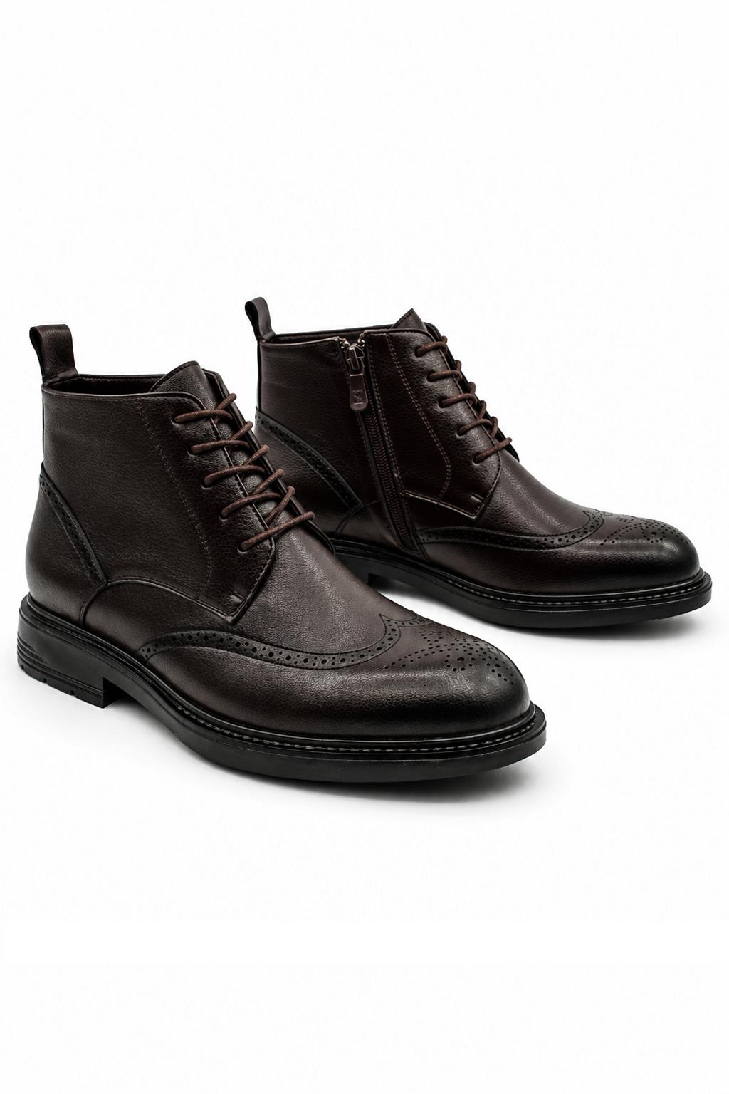 Men's Dark Brown Faux Leather Wingtip Brogue Boots Sartorial Shoes