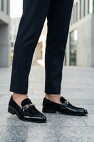 Men's Black Floral Velvet Patent Snaffle Dress Loafers Sartorial Shoes