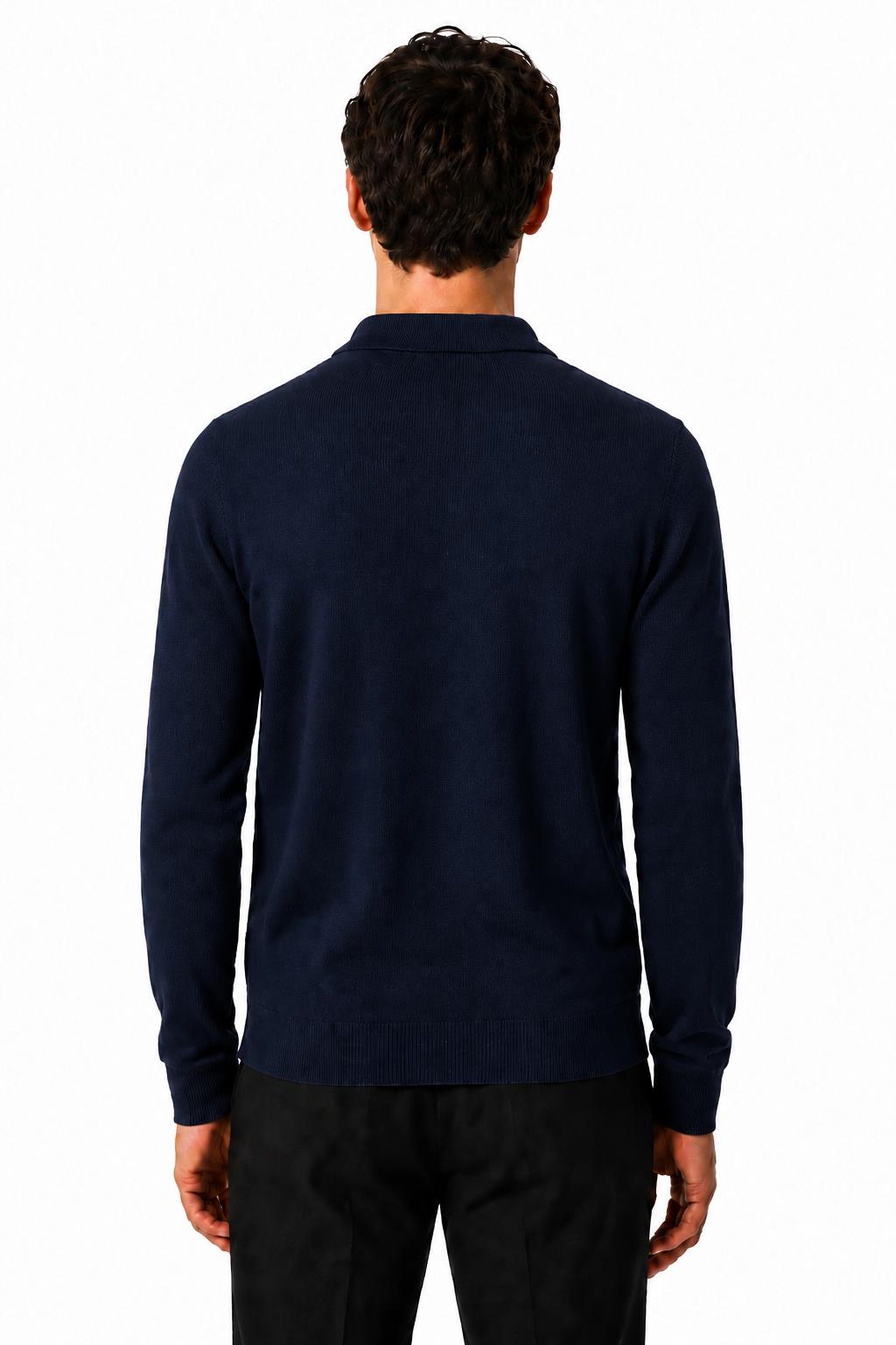 Men's Navy 100% Cotton Fine Knit Button Neck Polo Jumper CAVANI