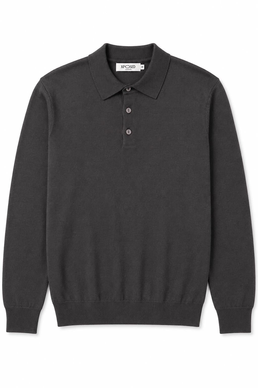 Men's Grey 100% Cotton Fine Knit Button Neck Polo Jumper CAVANI