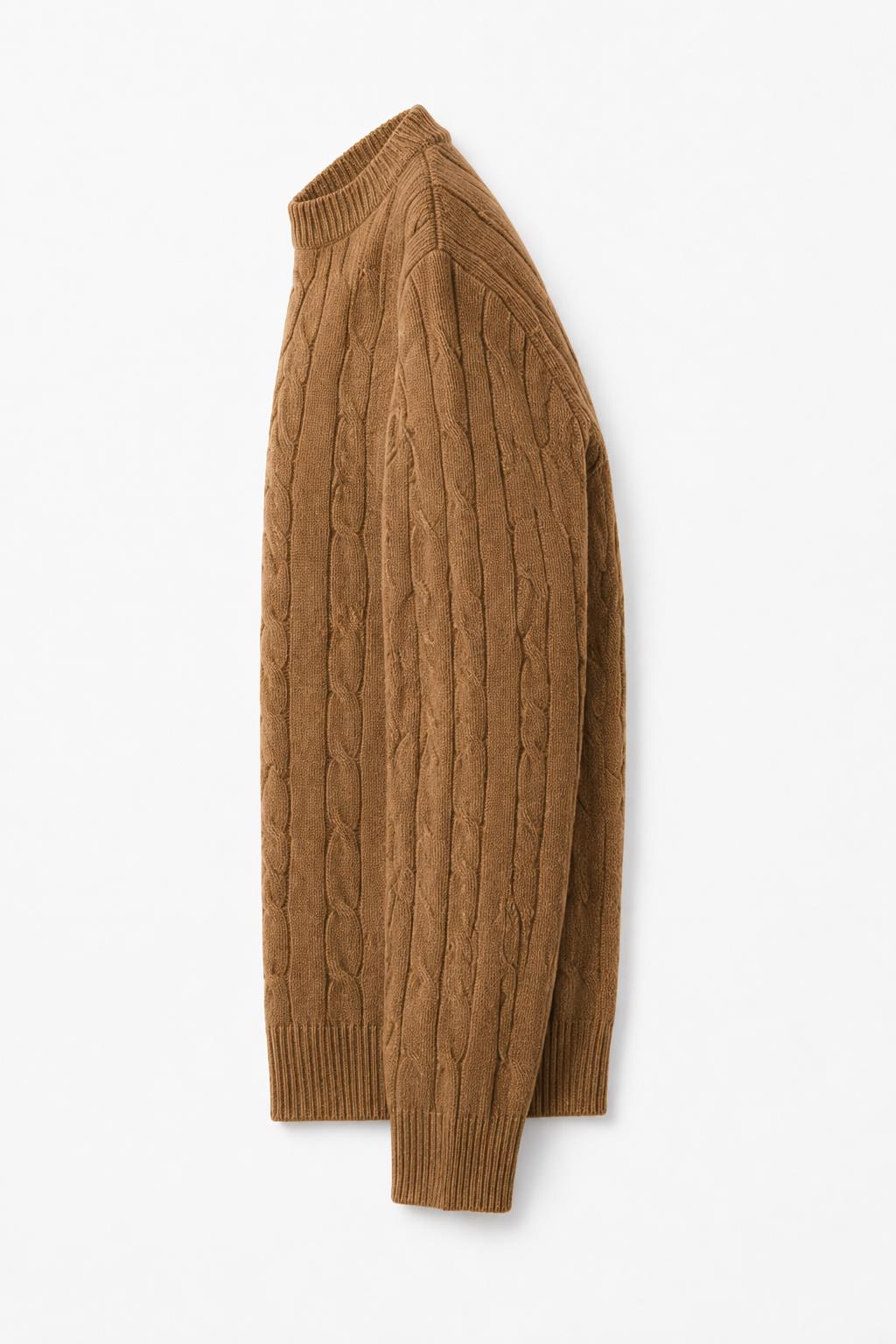 Men's Camel 100% Cotton Fine Cable Knit Crew Neck Jumper CAVANI