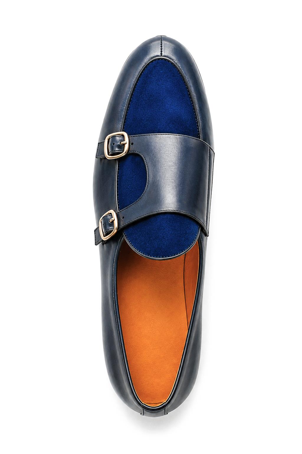 SOREN Men’s Navy Blue Leather & Suede Double Monk Shoes Sartorial Shoes