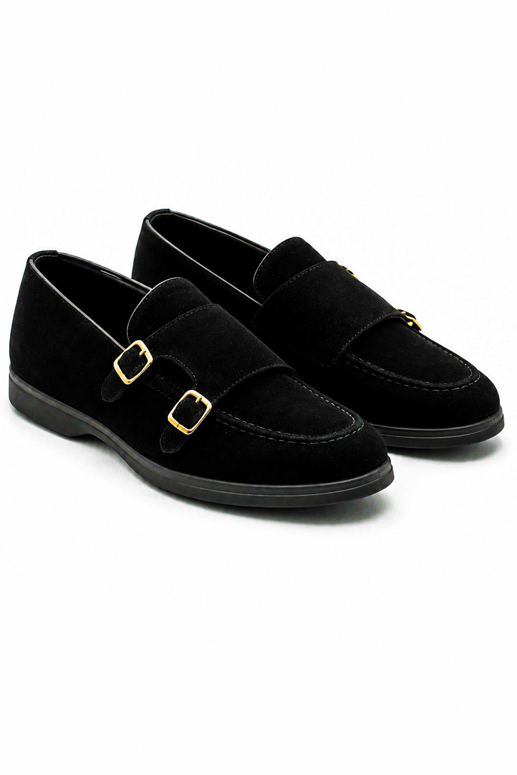 Men's Black Faux Suede Double Monk Strap Loafers Sartorial Shoes