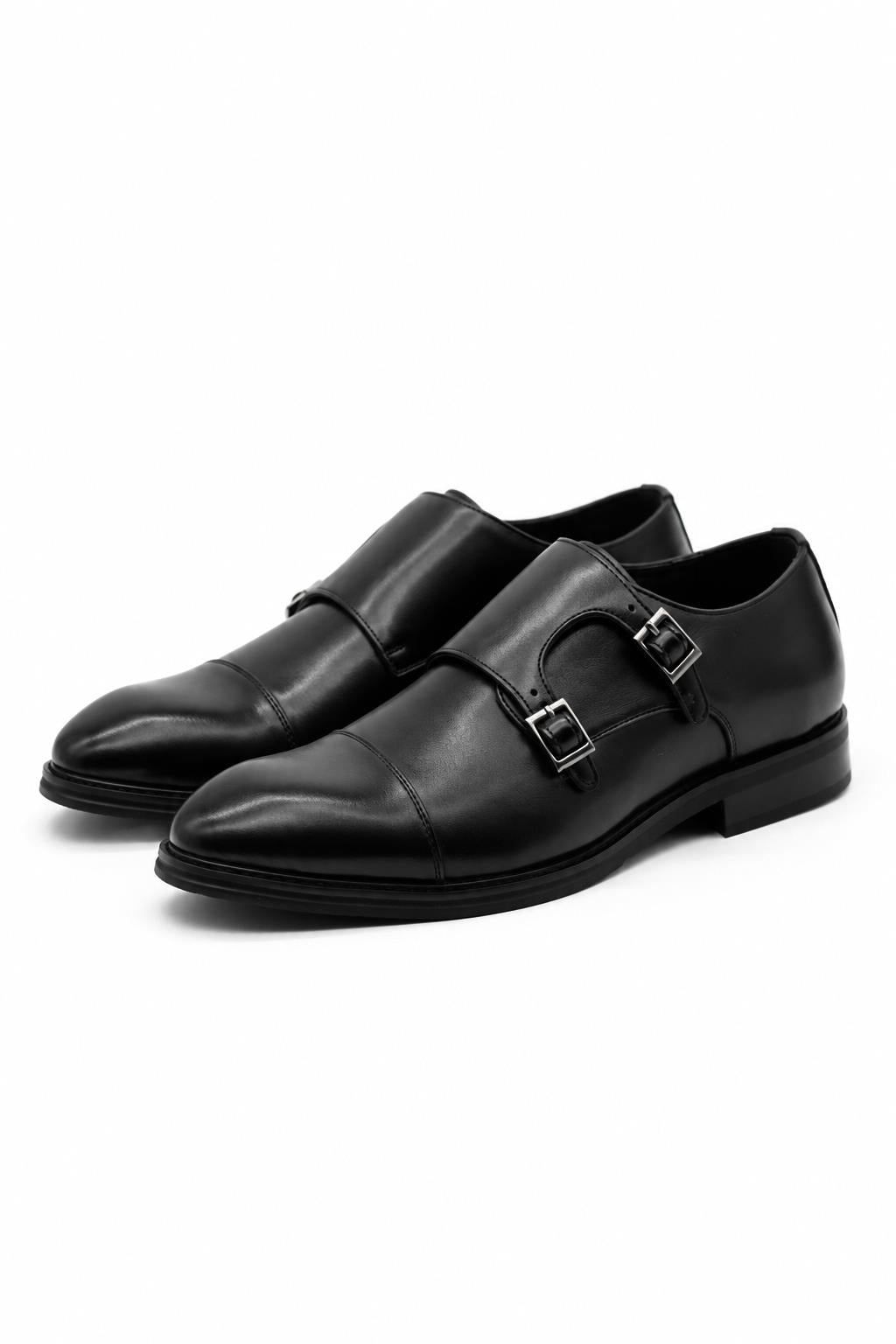 Men's Black Double Monk Strap Cap Toe Formal Shoes Sartorial Shoes