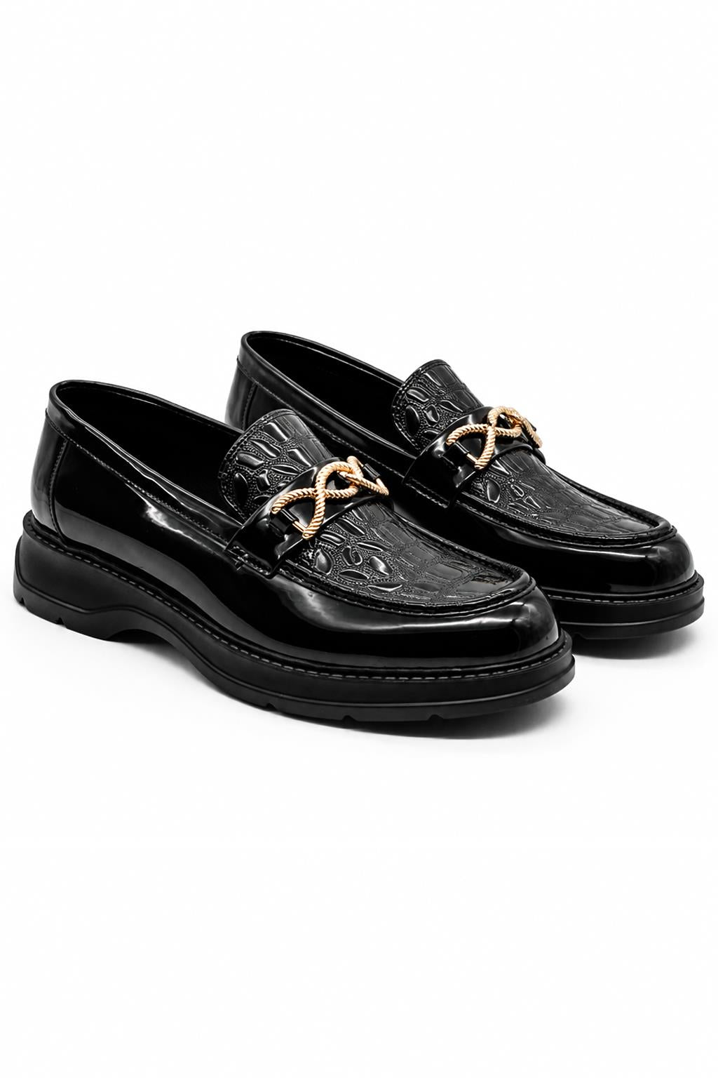 Men's Black Patent Slip-On Loafers Gold Buckle & Chunky Sole Sartorial Shoes