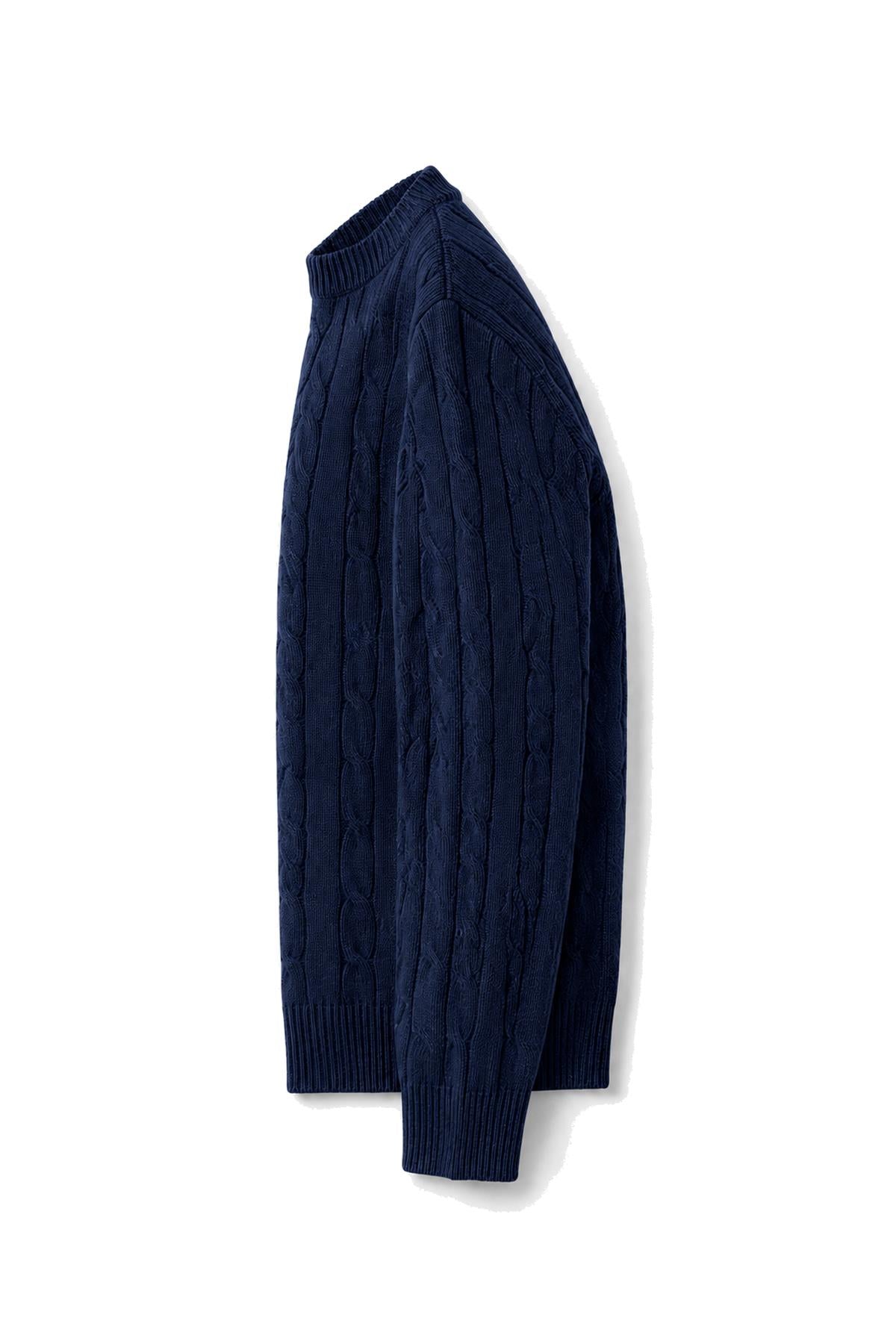 Men's Navy 100% Cotton Fine Cable Knit Crew Neck Jumper CAVANI