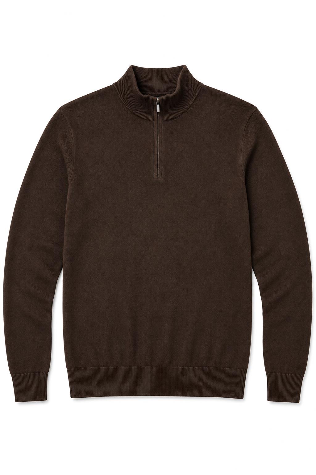 Men's Dark Brown 100% Cotton Fine Knit Quarter Zip Funnel Neck Jumper CAVANI