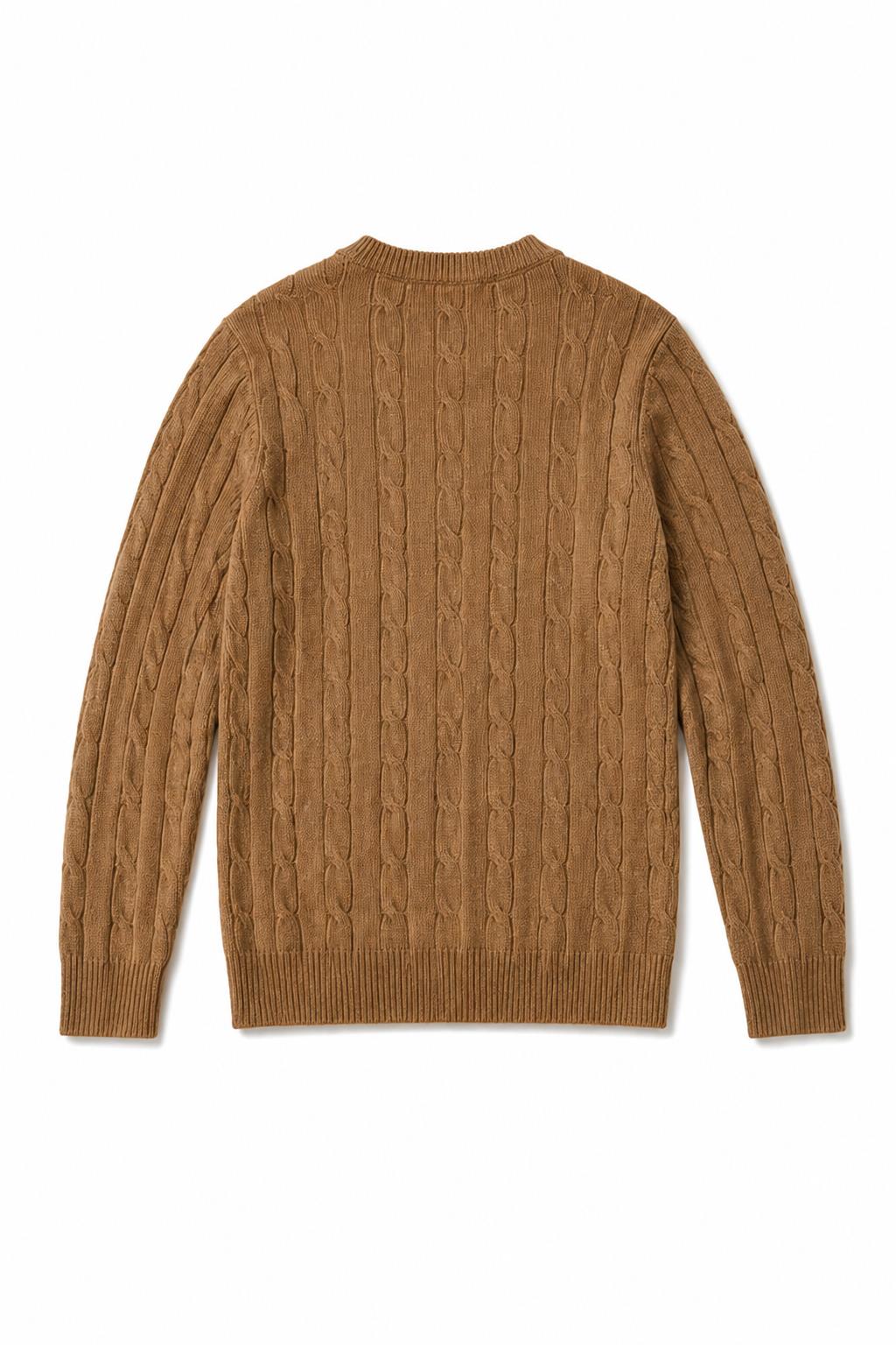 Men's Camel 100% Cotton Fine Cable Knit Crew Neck Jumper CAVANI