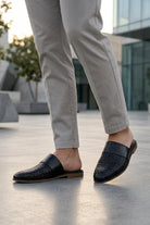 FINO Men’s Black Woven Leather Mule Slippers Sartorial Shoes