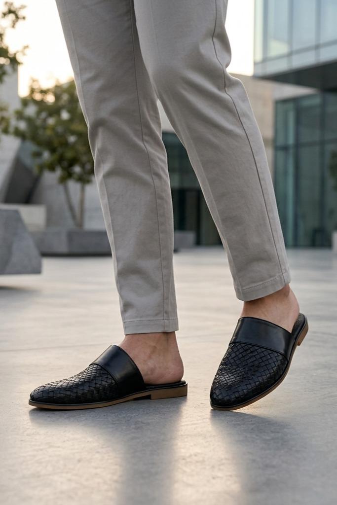 FINO Men’s Black Woven Leather Mule Slippers Sartorial Shoes