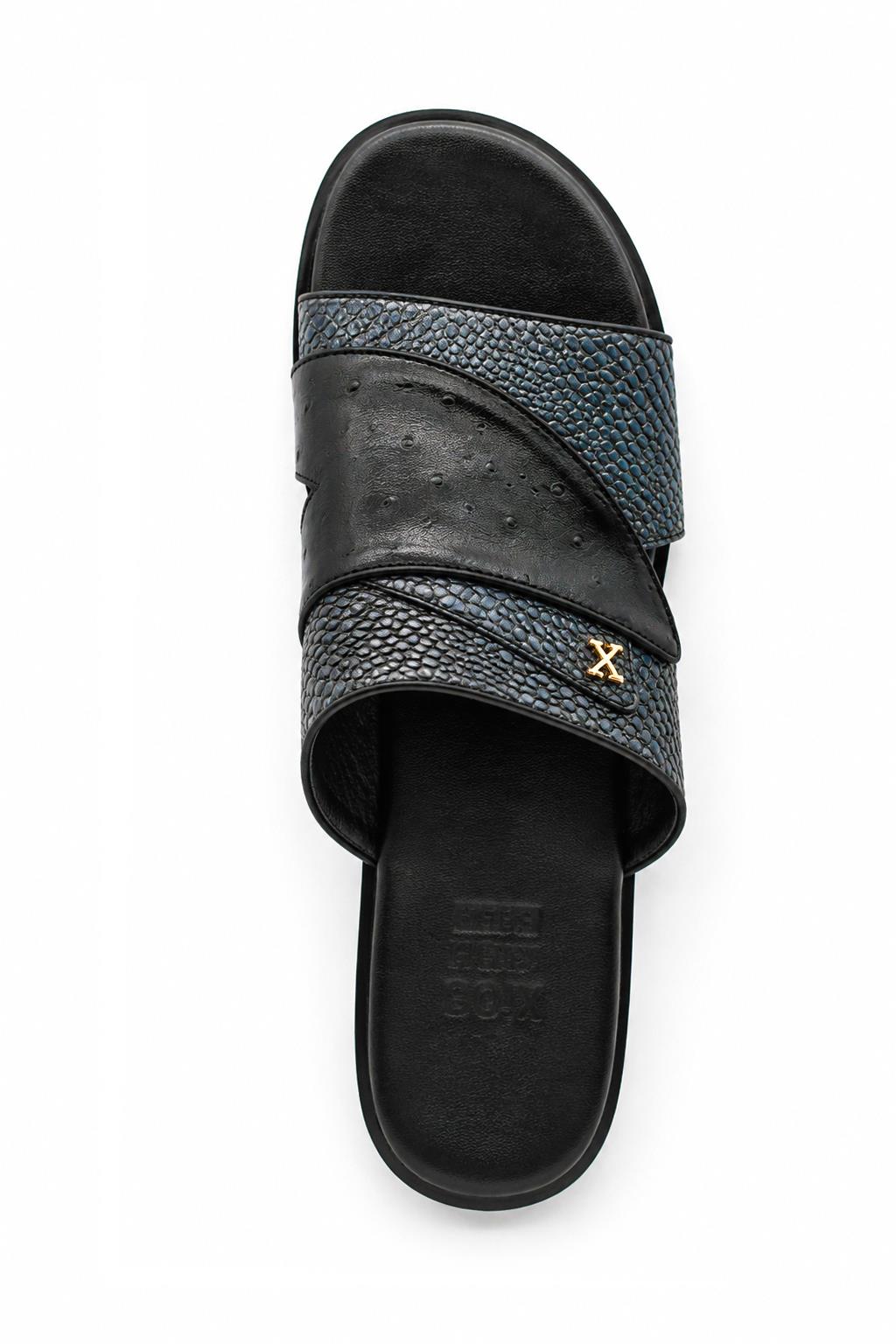 Men's Black & Grey Handmade Real Leather Open Front Slide Sandals Sartorial Shoes