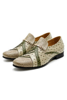 Men’s Cream & Green Snake-Effect Real Leather Loafers Sartorial Shoes