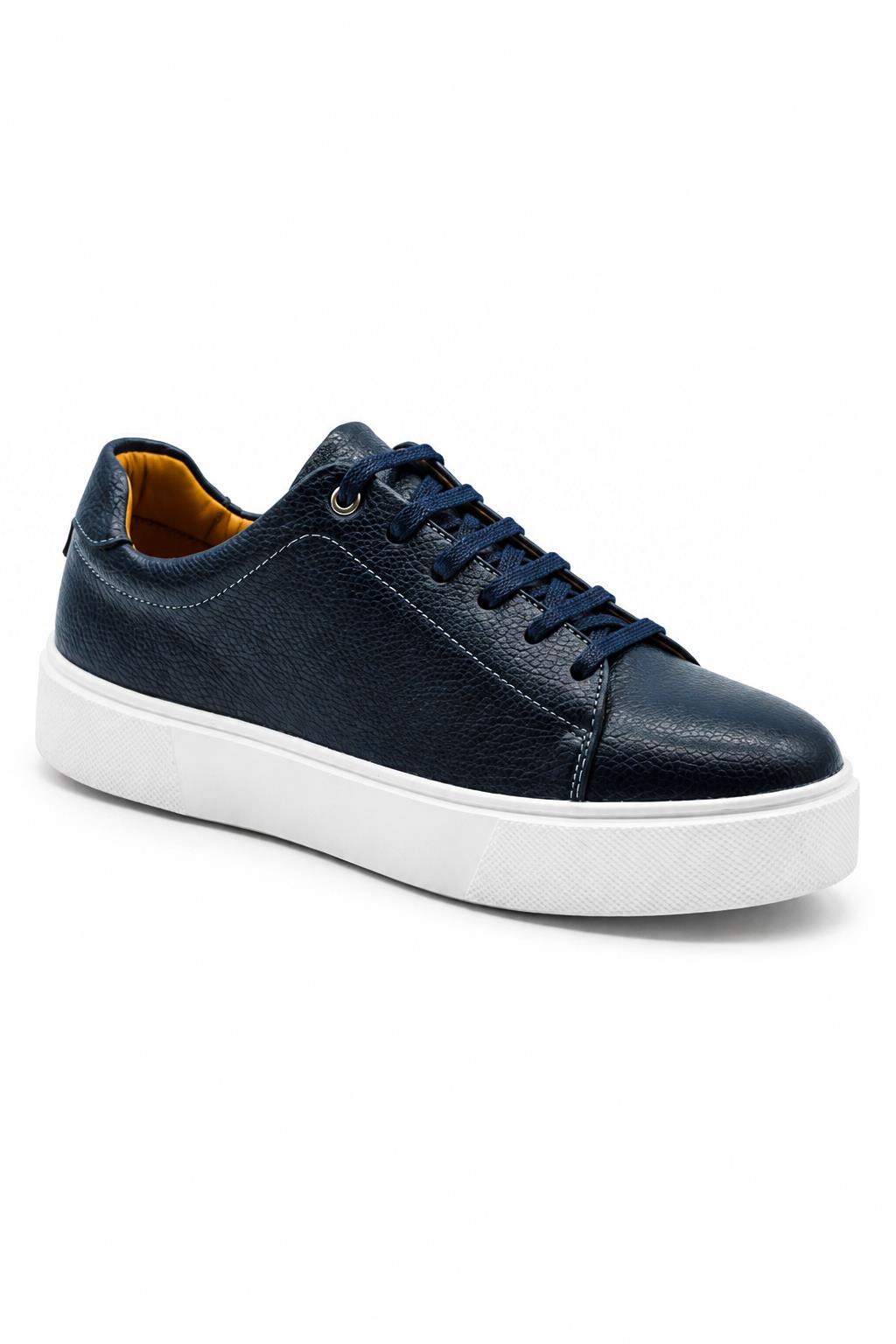 Men’s Navy Grain-Effect Faux Leather Lace-Up Trainers Sartorial Shoes