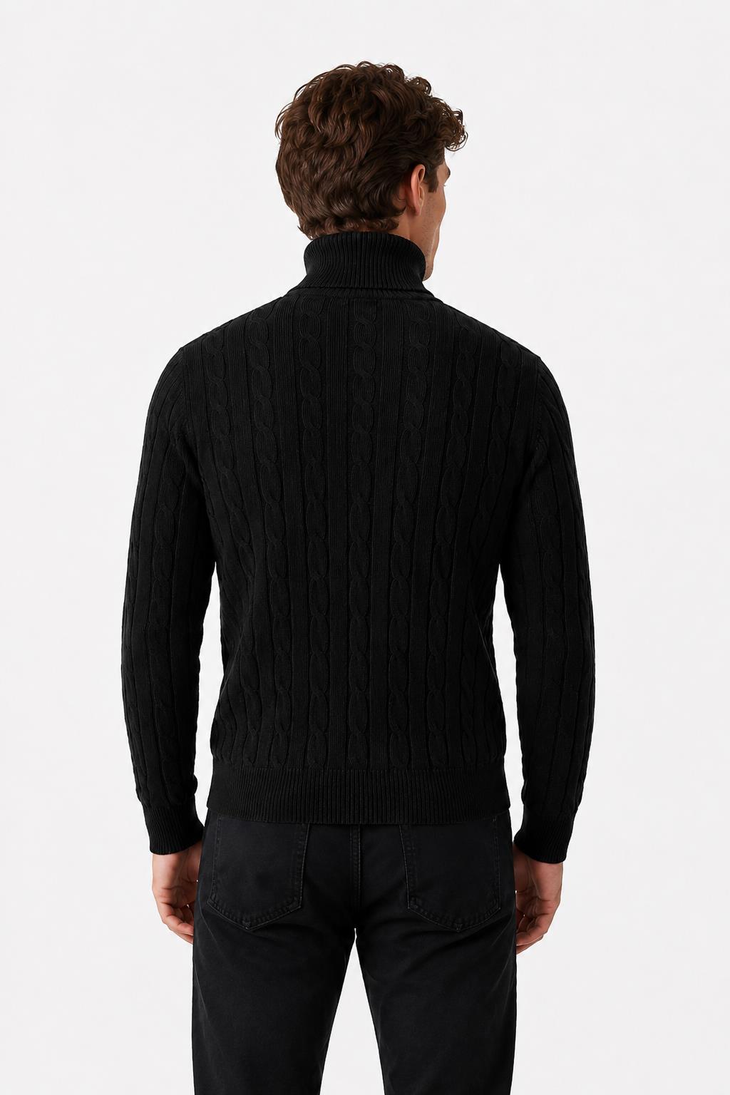 Men's Black 100% Cotton Fine Cable Knit Roll Neck Jumper CAVANI