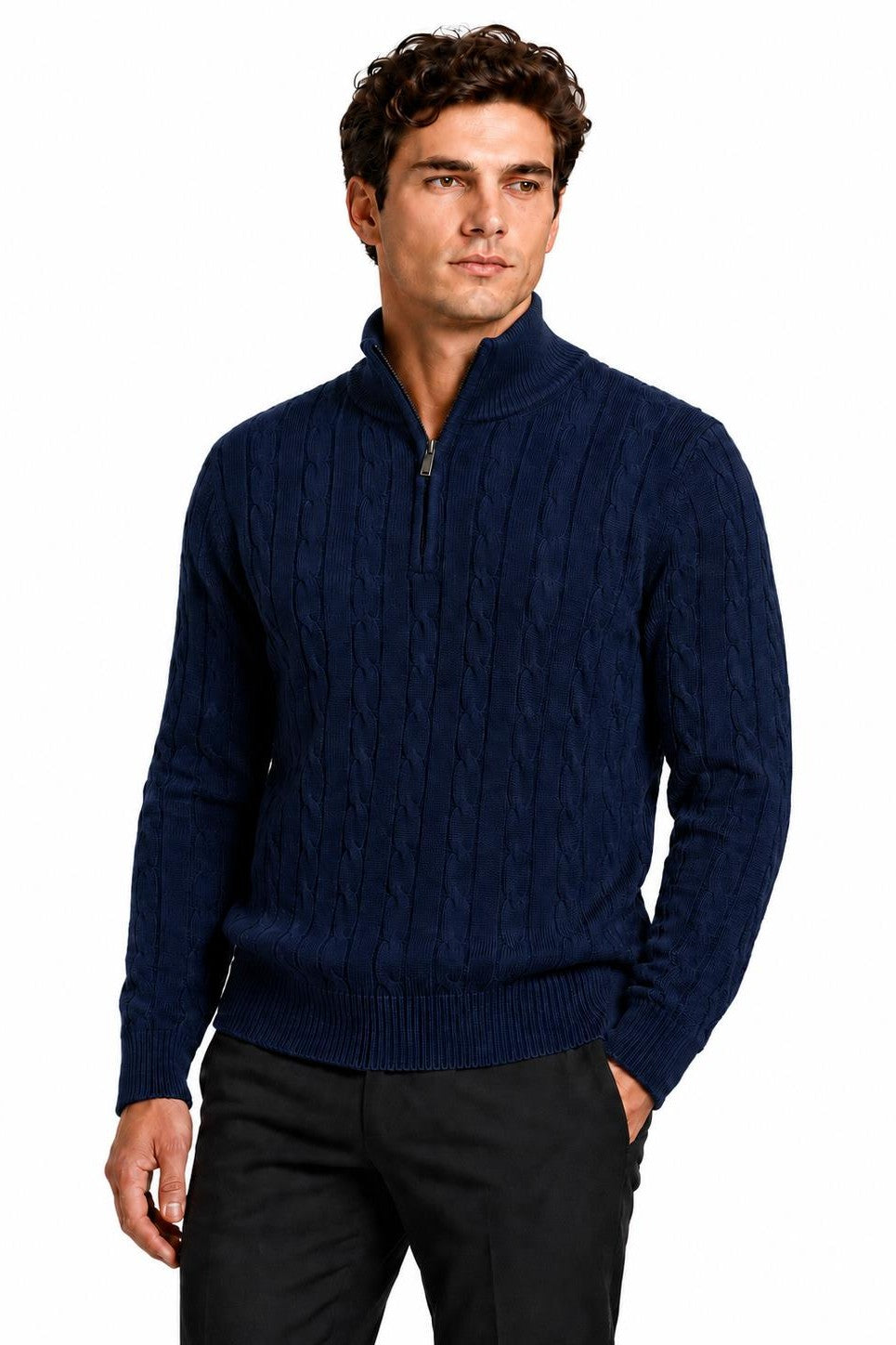 Men's Navy Blue 100% Cotton Fine Cable Knit Quarter Zip Neck Jumper CAVANI