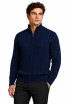Men's Navy Blue 100% Cotton Fine Cable Knit Quarter Zip Neck Jumper CAVANI