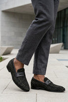 GINO Men’s Black Patterned Horsehair Leather Penny Loafers Sartorial Shoes