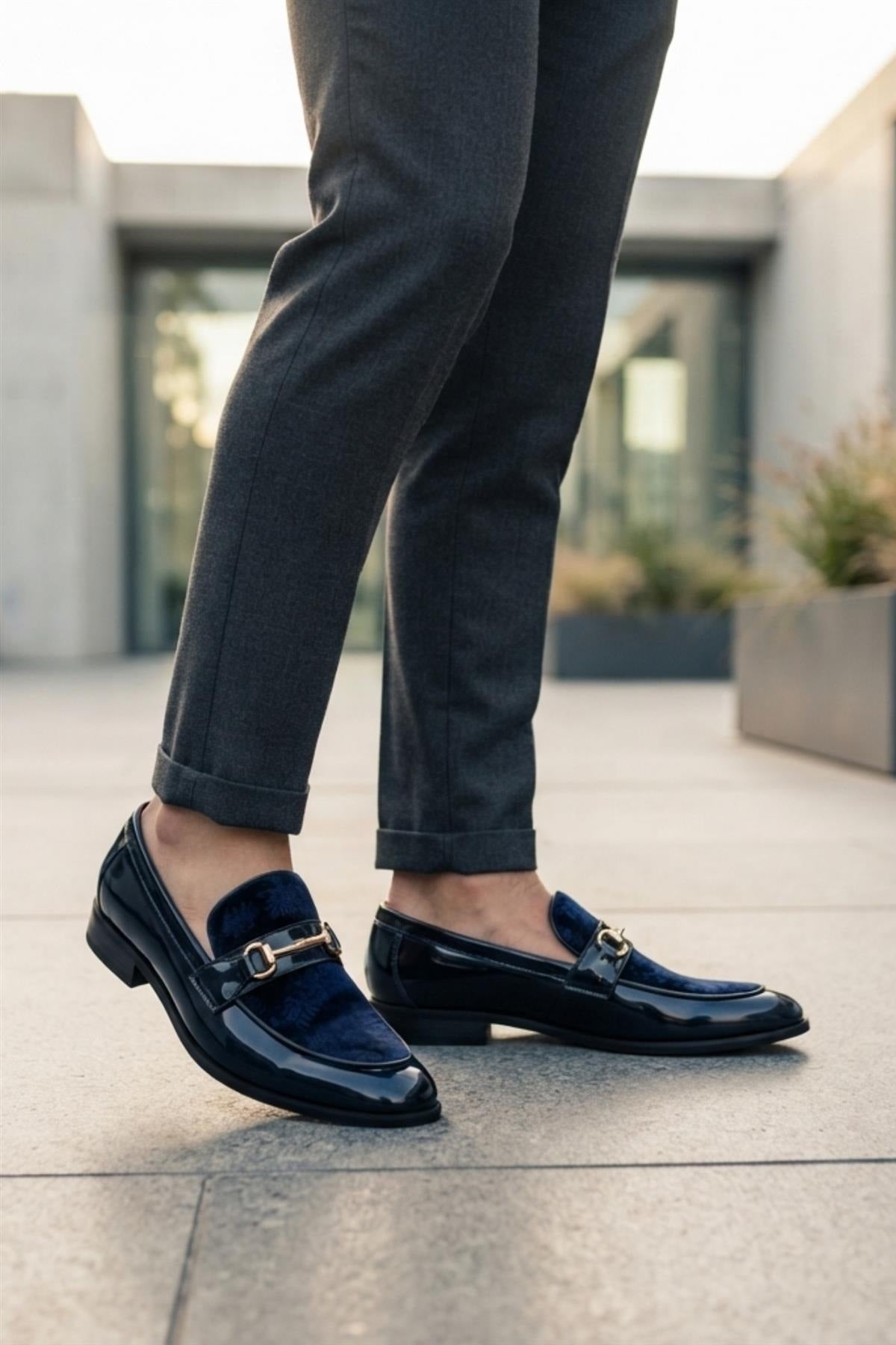 Men's Navy Floral Velvet Patent Snaffle Dress Loafers Sartorial Shoes