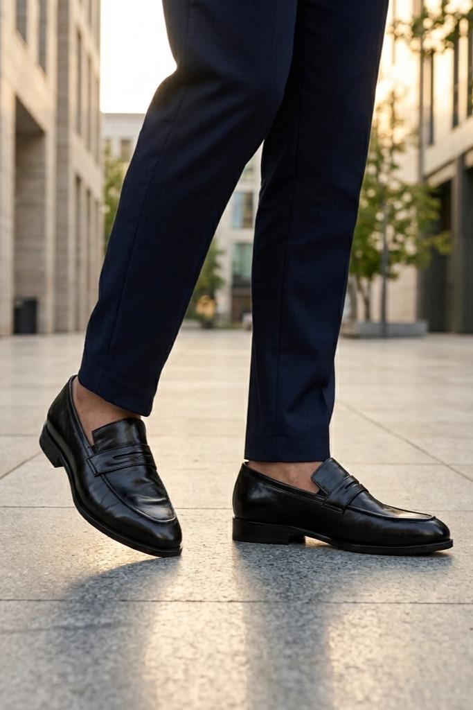 CRUX Men’s Black Calf Leather Penny Loafers Sartorial Shoes