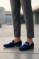Men's Navy Smooth Velvet Gold Chain Dress Loafers Sartorial Shoes