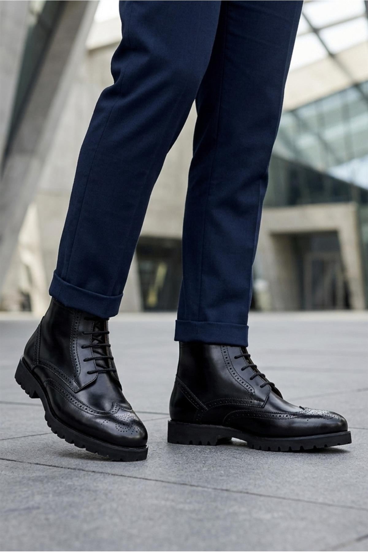RAM Men's Black Real Leather Wingtip Brogue Ankle Boots Sartorial Shoes