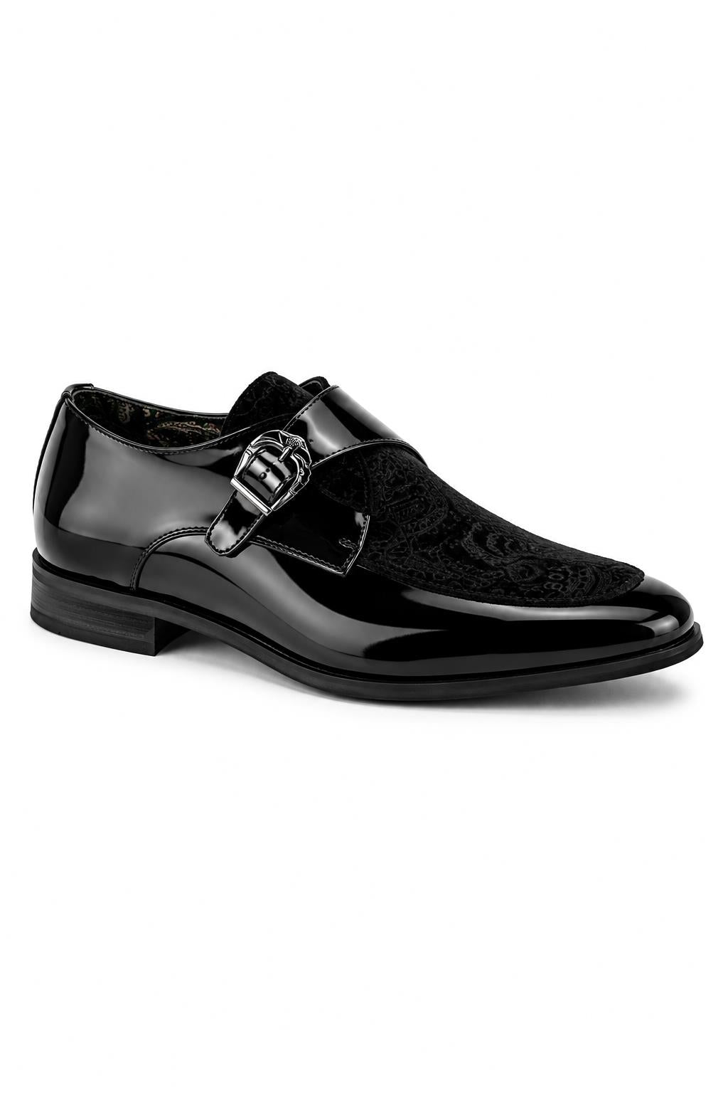 Men's Black Floral Velvet Monk Strap Dress Shoes Sartorial Shoes