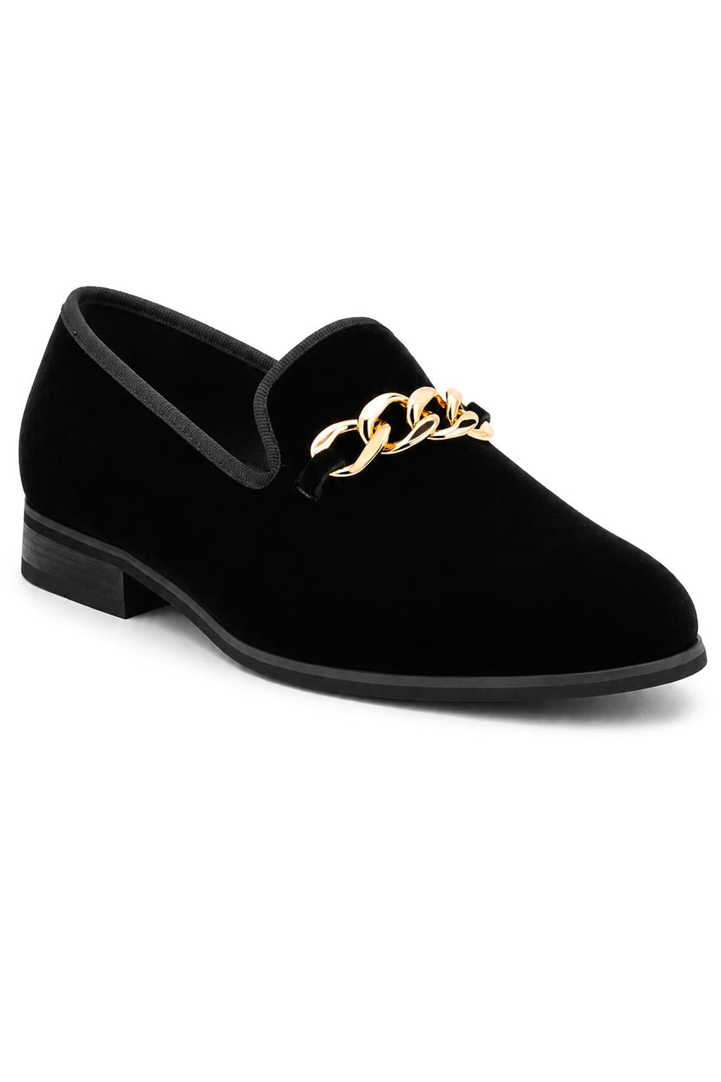 Men's Black Smooth Velvet Gold Chain Dress Loafers Sartorial Shoes