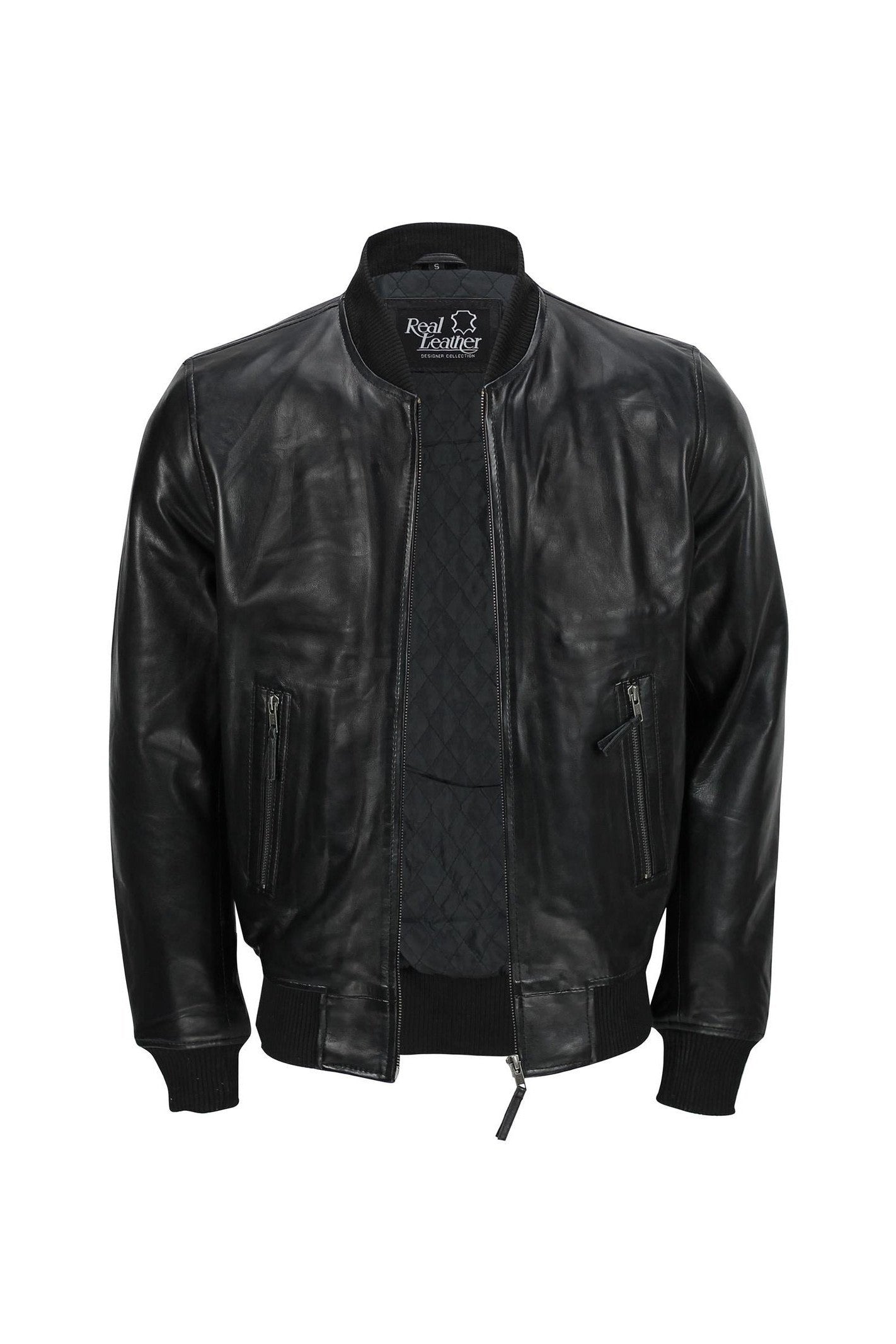 Mens Black Soft Real Leather Vintage Collar Bomber Style Biker Jacket