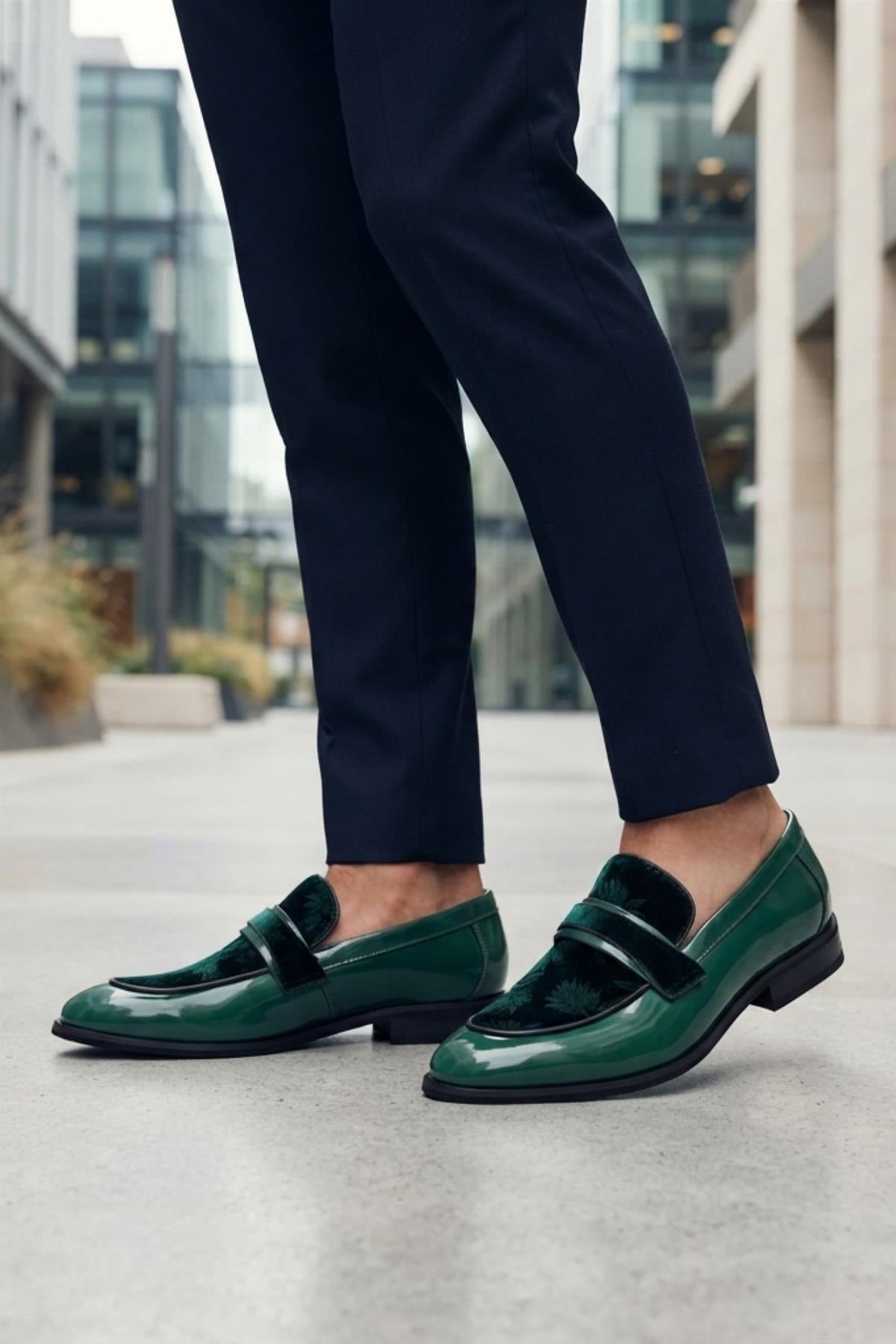 Men's Green Floral Velvet Patent Dress Loafers Sartorial Shoes