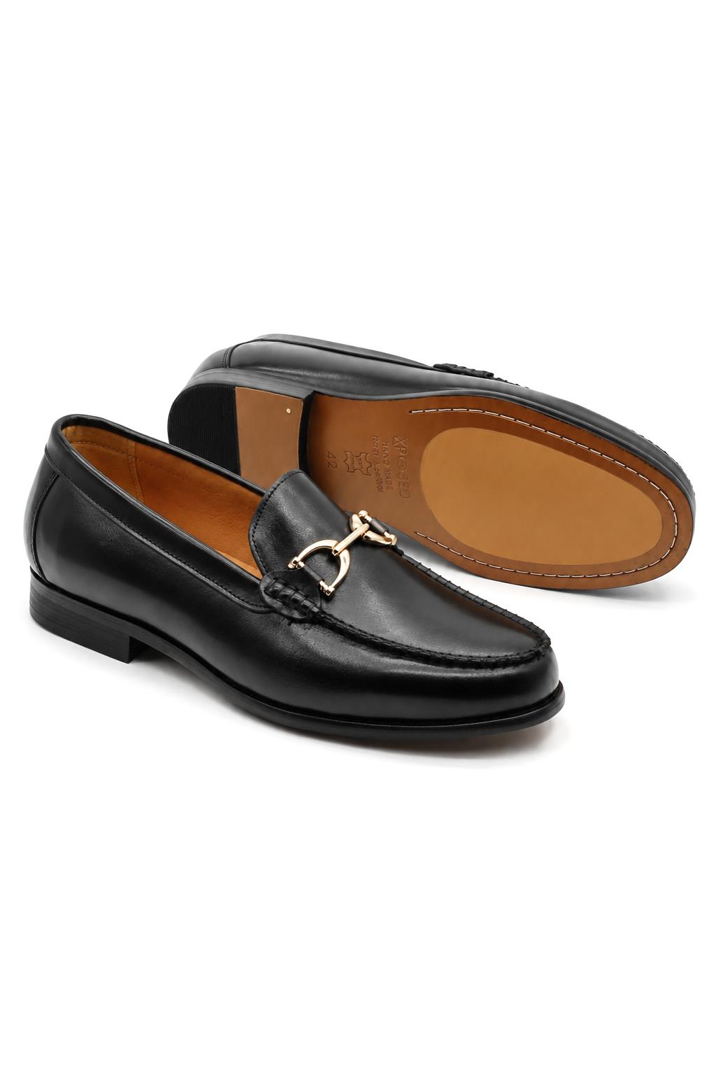 ARLO Men’s Black Polished Leather Gold Buckle Dress Loafers Sartorial Shoes