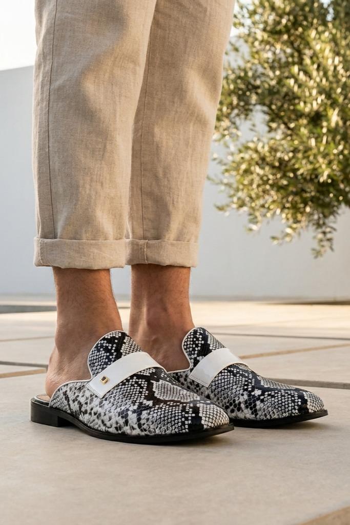 Men’s Black & White Shiny Patent Print Occasion Half Shoes Sartorial Shoes