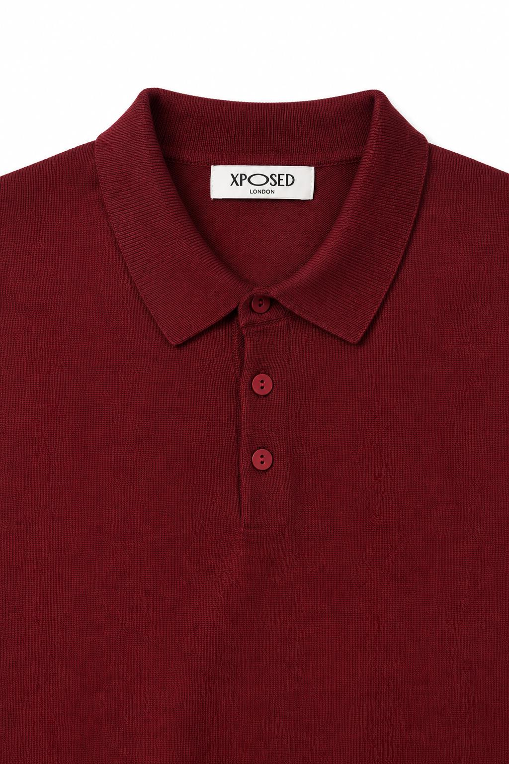 Men's Maroon 100% Cotton Fine Knit Button Neck Polo Jumper CAVANI