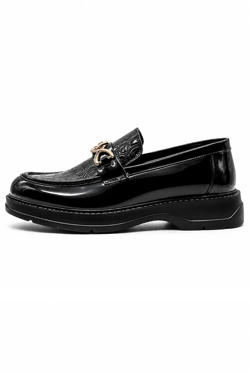 Men's Black Patent Slip-On Loafers Gold Buckle & Chunky Sole Sartorial Shoes