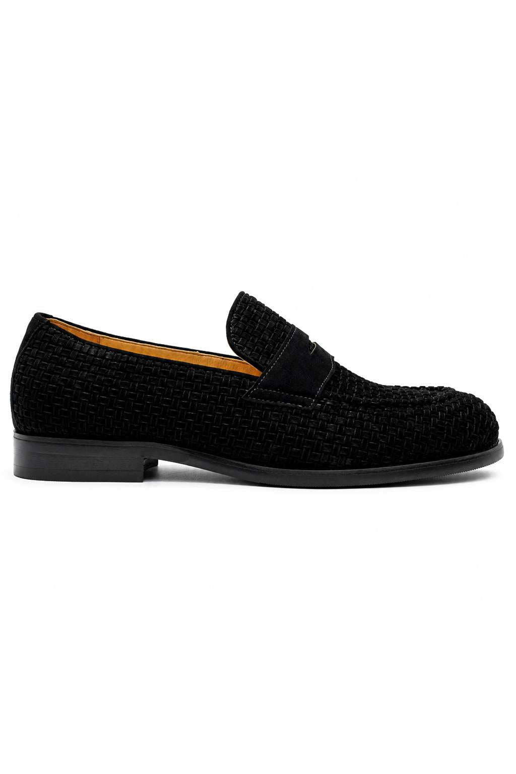 BRIO Men’s Black Woven Suede Leather Penny Loafers Sartorial Shoes